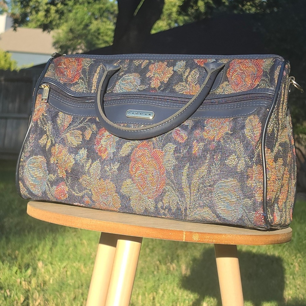 Jaguar Vintage Floral Tapestry Weekender Bag Navy Blue Duffel Travel Carry On